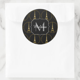 Eiffelturm Gold Glitter funkelt Schwarzes Monogram Runder Aufkleber