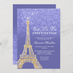 Eiffelturm Gold Glitzer Blau lila Sweet 16 Einladung