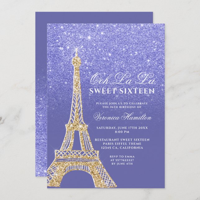 Eiffelturm Gold Glitzer Blau lila Sweet 16 Einladung (Vorne/Hinten)