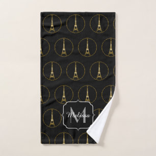 Eiffelturm Gold Glitzer Glitzern Schwarze Monogram Badhandtuch Set