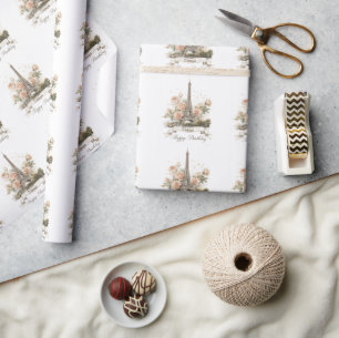 Eiffelturm "Happy Birthday" mit Individuelle Name Geschenkpapier