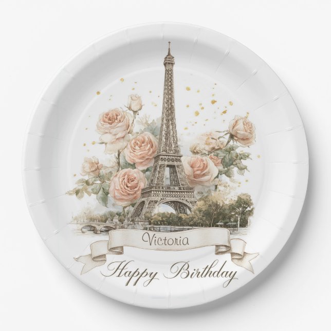 Eiffelturm "Happy Birthday" mit Individuelle Name Pappteller (Vorderseite)