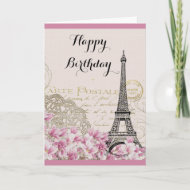Eiffelturm im Vintage-Stil mit rosa Blumen zum Geb Karte