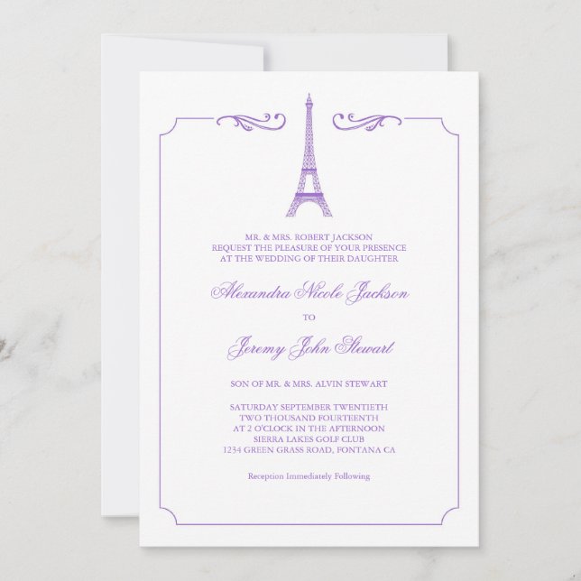 Eiffelturm in Lavender Elegant Highlights Einladung (Vorderseite)