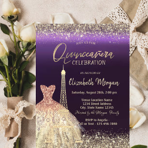 Eiffelturm-Konfetti-Kleid Lila Quinceanera Einladung