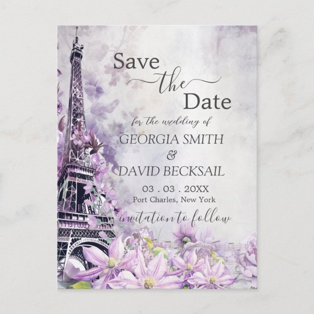 Eiffelturm Lavender Romance Save the Date Postkarte (Vorderseite)