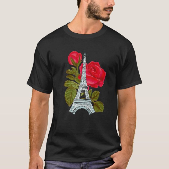 Eiffelturm mit Rose Liebe Paris Rose Französischer T-Shirt (Vorderseite)