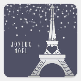 Eiffelturm mit Schnee | Frohe Weihnachten in Paris Quadratischer Aufkleber