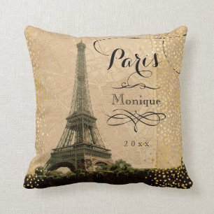 Eiffelturm Paris Beige Imitat Goldmonogramm Kissen