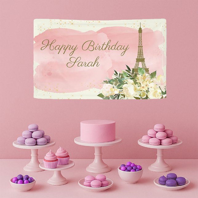 Eiffelturm Paris Birthday Pink Gold Glitzer Banner (Paris/Eiffel Tower birthday party banner)