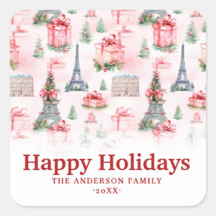 Eiffelturm, Paris Chic Französisch Rosa Weihnachte Quadratischer Aufkleber
