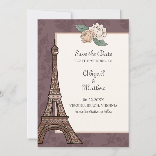 Eiffelturm Paris Floral Damask Mutes Lila Save The Date (Vorderseite)