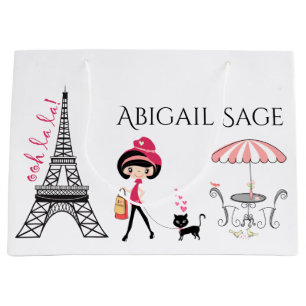 Eiffelturm Paris Girl and Cat Black and Pink Große Geschenktüte