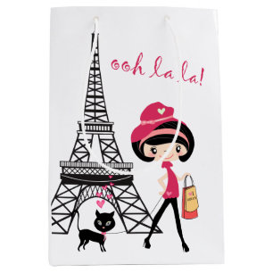 Eiffelturm Paris Girl and Cat Black and Pink Mittlere Geschenktüte