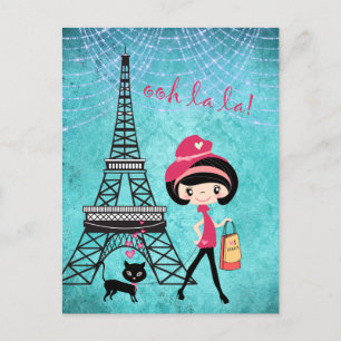 Eiffelturm Paris Girl and Cat Blue Damask Postkarte