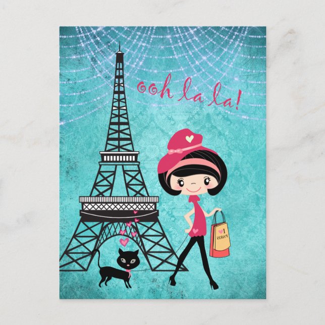 Eiffelturm Paris Girl and Cat Blue Damask Postkarte (Vorderseite)