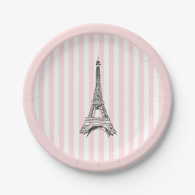 Eiffelturm Paris Illustration Rosa Streifen Pappteller (Vorderseite)