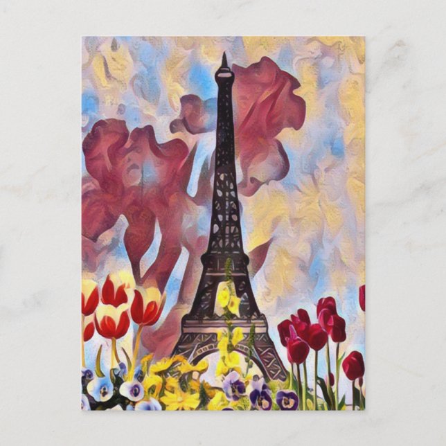 Eiffelturm, Paris Iris, Tulips Spring Blumen Postkarte (Vorderseite)