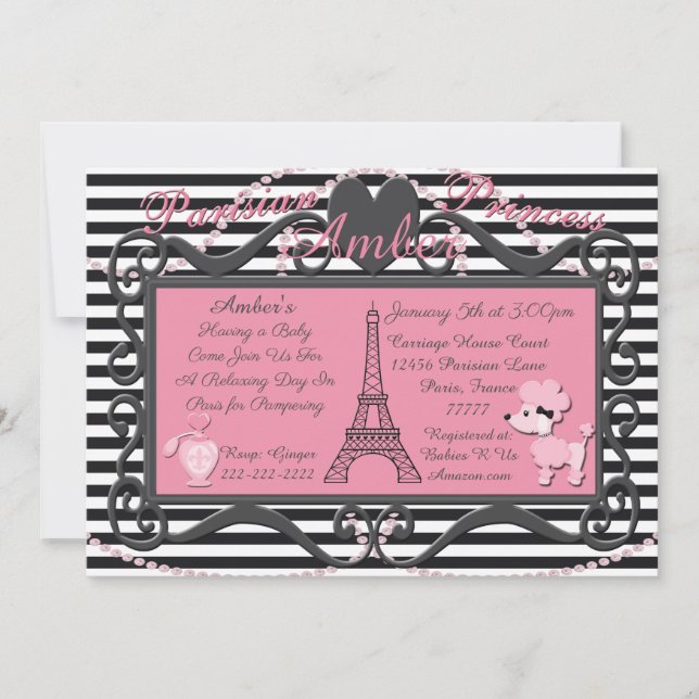 Eiffelturm Paris Pink Poodle Babydusche Einladung (Vorderseite)