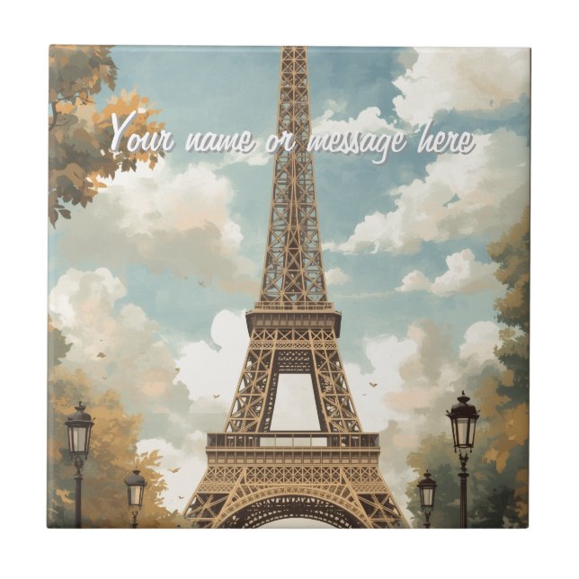 Eiffelturm Paris Reise Vintage Retro Art Name Fliese (Vorderseite)