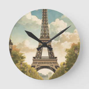Eiffelturm Paris Reise Vintage-Stil Retro-Kunst Runde Wanduhr