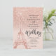 Eiffelturm Paris Rose Goldener Glitzer Rosa Hochze Einladung (Stehend Vorderseite)