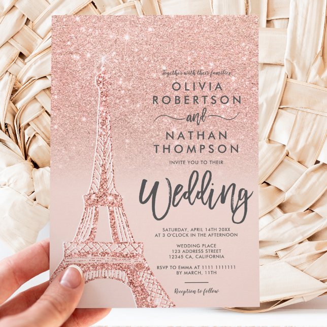 Eiffelturm Paris Rose Goldener Glitzer Rosa Hochze Einladung (Von Creator hochgeladen)