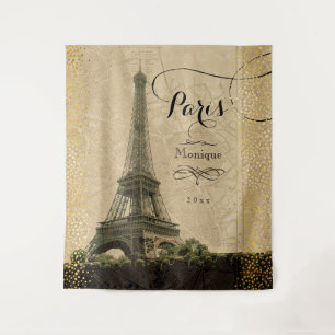 Eiffelturm Paris Vintage Karte Gold Dots Monogramm Wandteppich