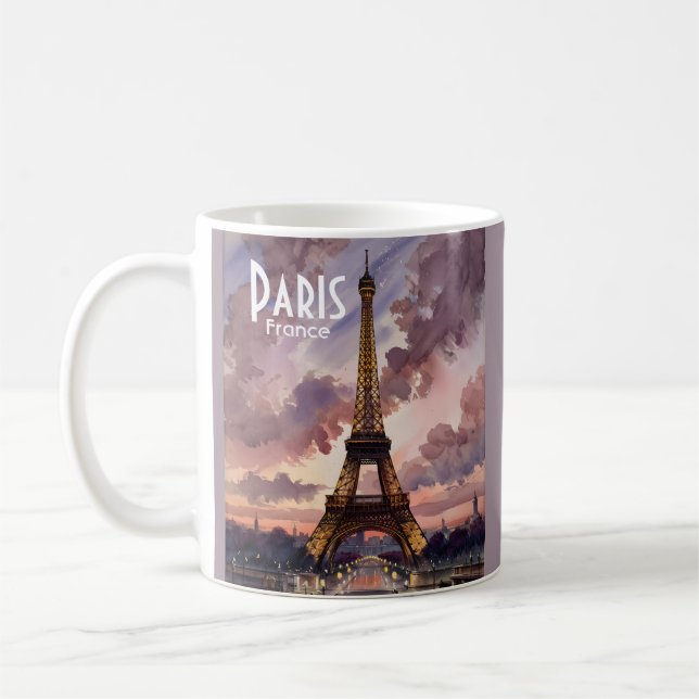 Eiffelturm Paris Wasserfarbe bei Dämmerung mit ind Kaffeetasse (Links)