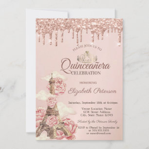 Eiffelturm Pfingstrosen Rose Gold Tropfen Quinceañ Einladung