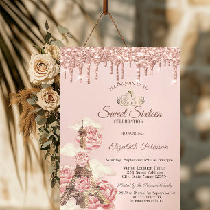 Eiffelturm-Pfingstrosen Roségold-Tropfen Sweet 16 Einladung