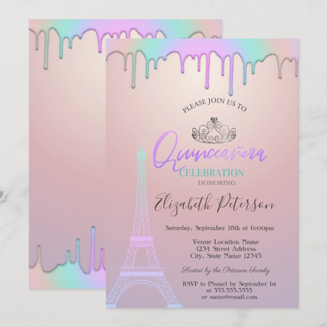 Eiffelturm, Regenbogen-Tropfen Quinceañera Einladung (Vorne/Hinten)