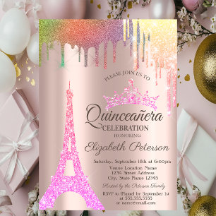 Eiffelturm, Regenbogen-Tropfen Rose Gold Quinceañe Einladung