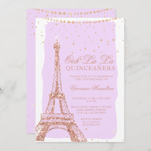 Eiffelturm Rose Gold Glitzer lila Quinceanera Einladung