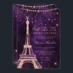 Eiffelturm Rose Gold Glitzer lila Sweet 16 Einladung<br><div class="desc">Ein modernes,  schicker und glamouröses 16 . Geburtstag mit handgezeichneter Rose Gold Glitzer Französisch Paris Eiffelturm mit Rose Gold Glitzer Diamant Glitzern auf einem dunklen lila Aquarell.</div>