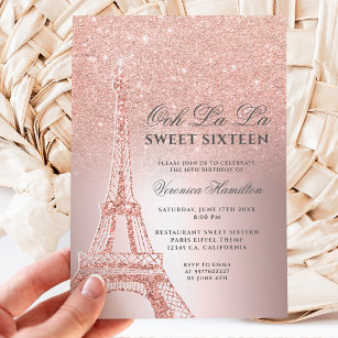 Eiffelturm Rose Gold Glitzer Metallischer Sweet 16 Einladung