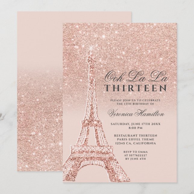 Eiffelturm Rose Gold Glitzer rosa Chic dreizehn Einladung (Vorne/Hinten)