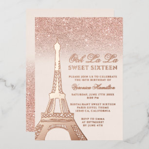 Eiffelturm Rose Gold Glitzer Rosa Sweet 16 Folieneinladung