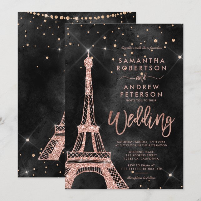 Eiffelturm Rose Gold Glitzer Schwarze Hochzeit Einladung (Vorne/Hinten)