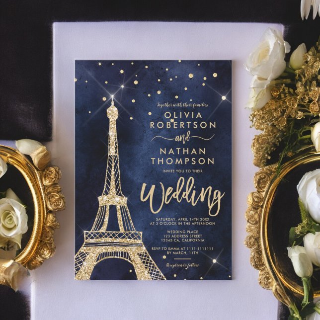 Eiffelturm schicke Goldmedaille Glitzer Hochzeit Einladung (Eiffel tower chic gold glitter sparkle wedding invitation)