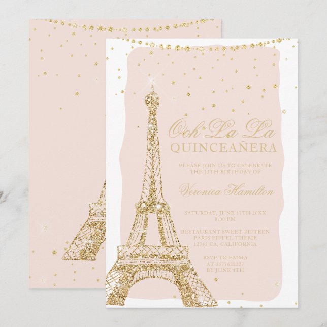 Eiffelturm schicker Gold Glitzer Blush Quinceanera Einladung (Vorne/Hinten)