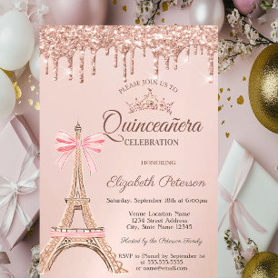 Eiffelturm, Schleife aus Roségold mit Tropfen Quin Einladung