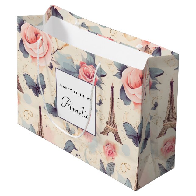 Eiffelturm Schmetterling und Rose Muster Geburtsta Große Geschenktüte (Vorderseite Schrägansicht)