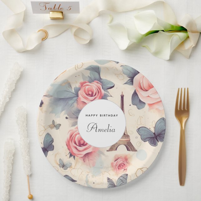 Eiffelturm Schmetterling und Rose Muster Geburtsta Pappteller (Hochzeit)