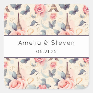 Eiffelturm-Schmetterling und Rose-Muster - Hochzei Quadratischer Aufkleber