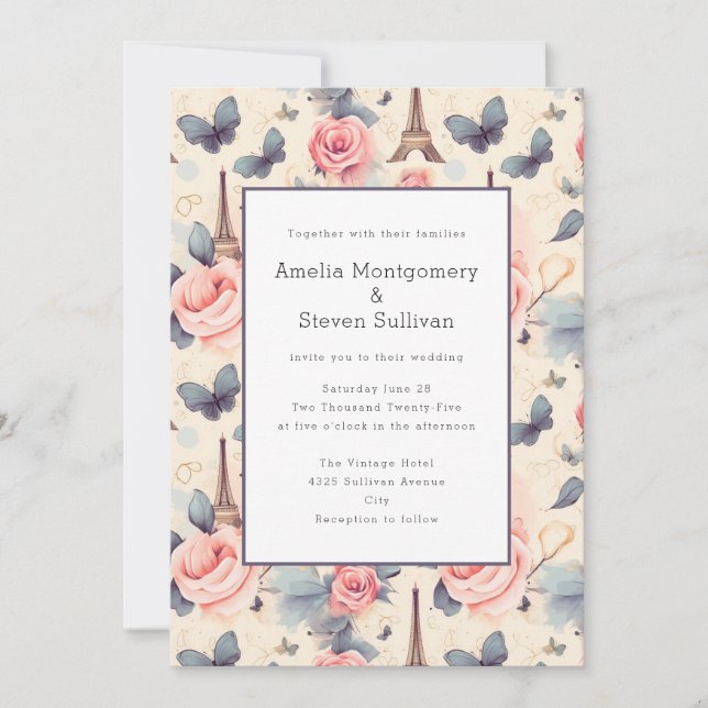 Eiffelturm-Schmetterling und Rose-Muster Hochzeit Einladung (Vorderseite)
