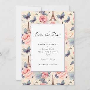 Eiffelturm-Schmetterling und Rose-Muster Hochzeit Save The Date