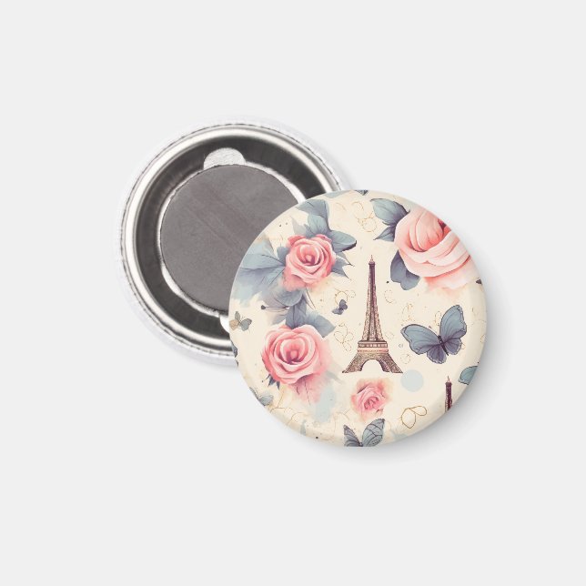 Eiffelturm Schmetterling und Rose Muster Magnet (Vorderseite/Rückseite)