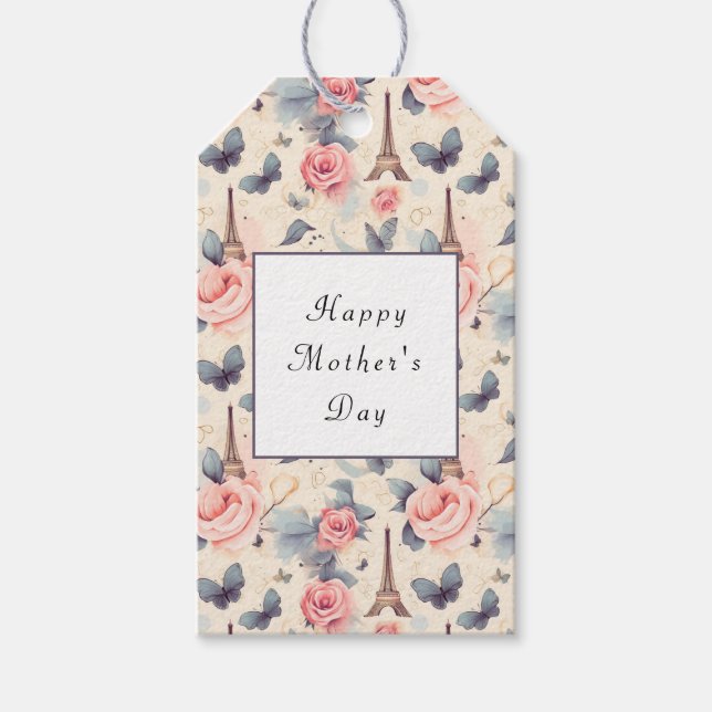 Eiffelturm Schmetterling und Rose Muttertag Geschenkanhänger (Vorderseite)