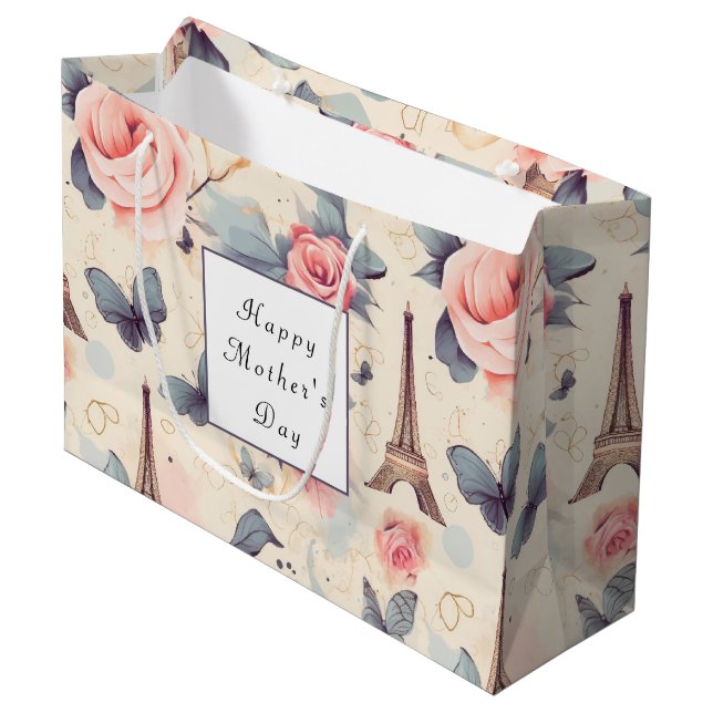 Eiffelturm Schmetterling und Rose Muttertag Große Geschenktüte (Vorderseite Schrägansicht)